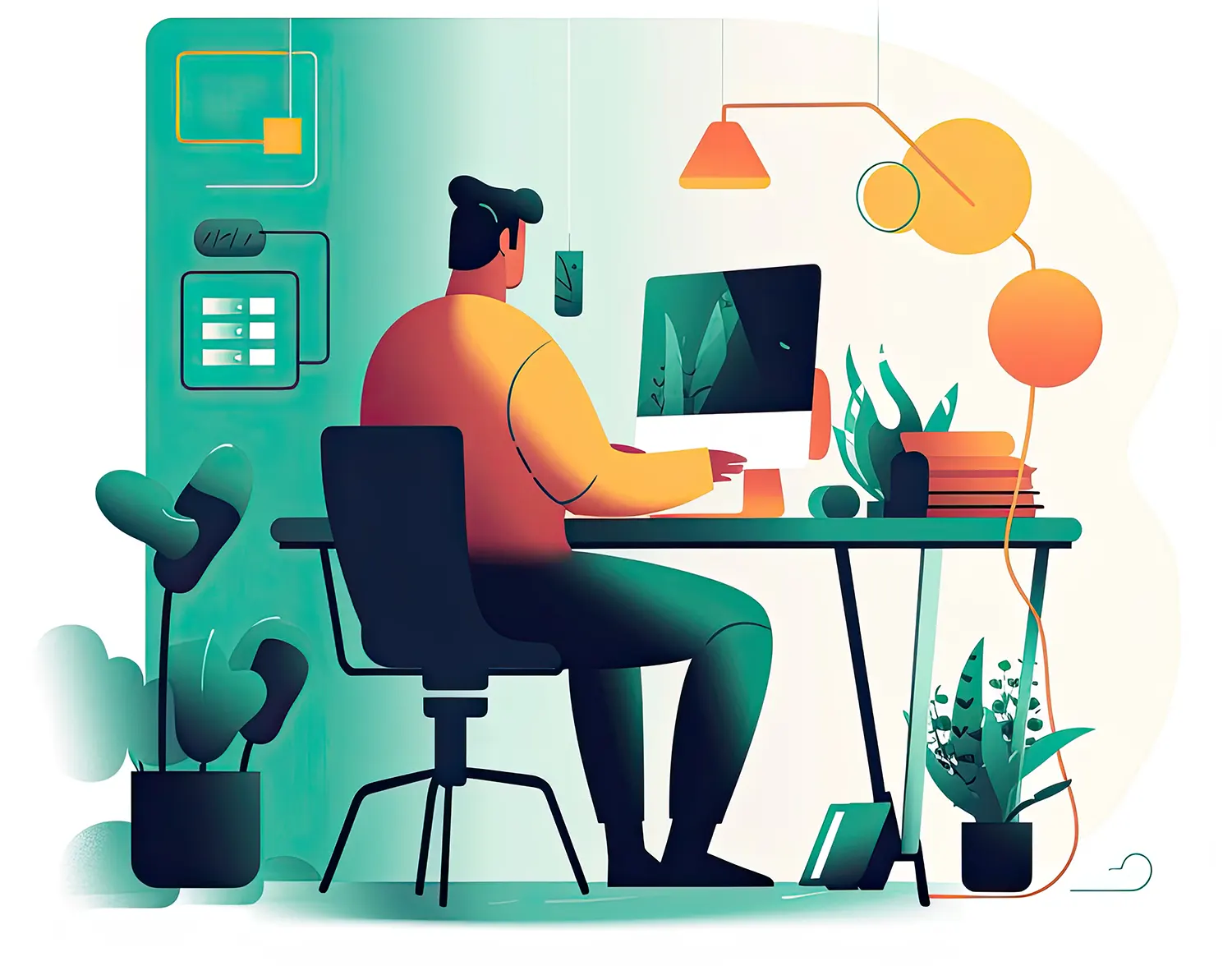 A stylized illustration of a man sitting at his desk in front of a computer in a colorfully lit room.
